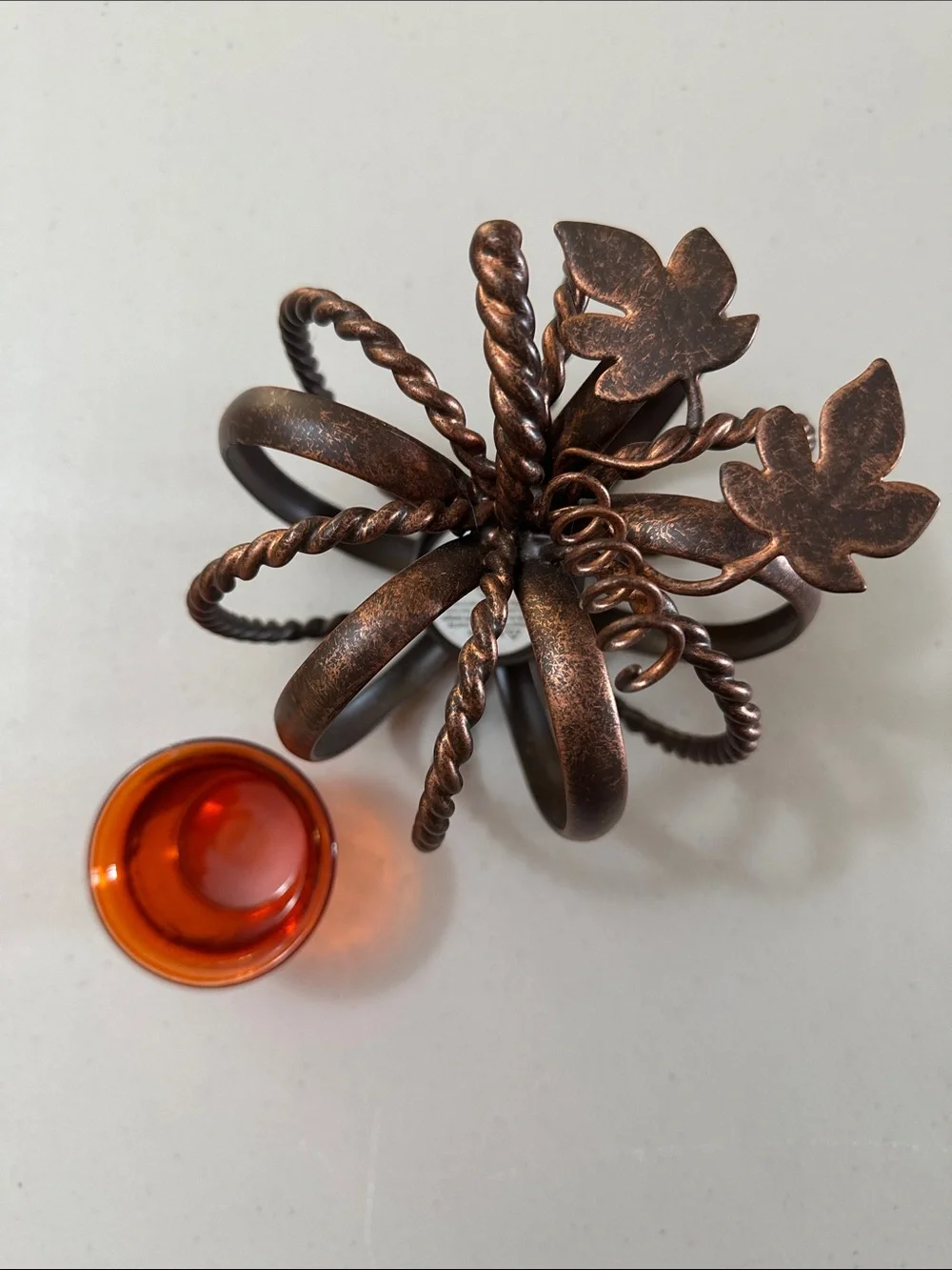 Pier 1 Bronze-Tone Twisted Metal Pumpkin Candle Holder with Amber Glass